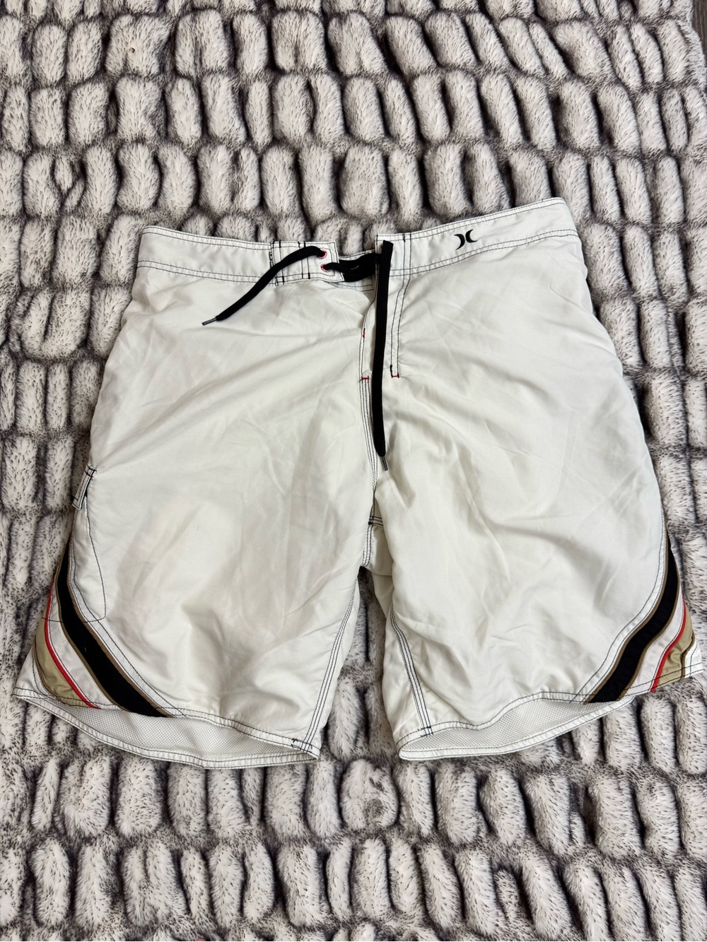 Hurley White Swim Board Shorts with Black Trim and Red Stripe
